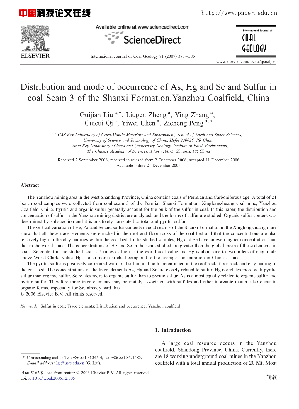 Distribution and Mode of Occurrence of As, Hg and Se and Sulfur in Coal