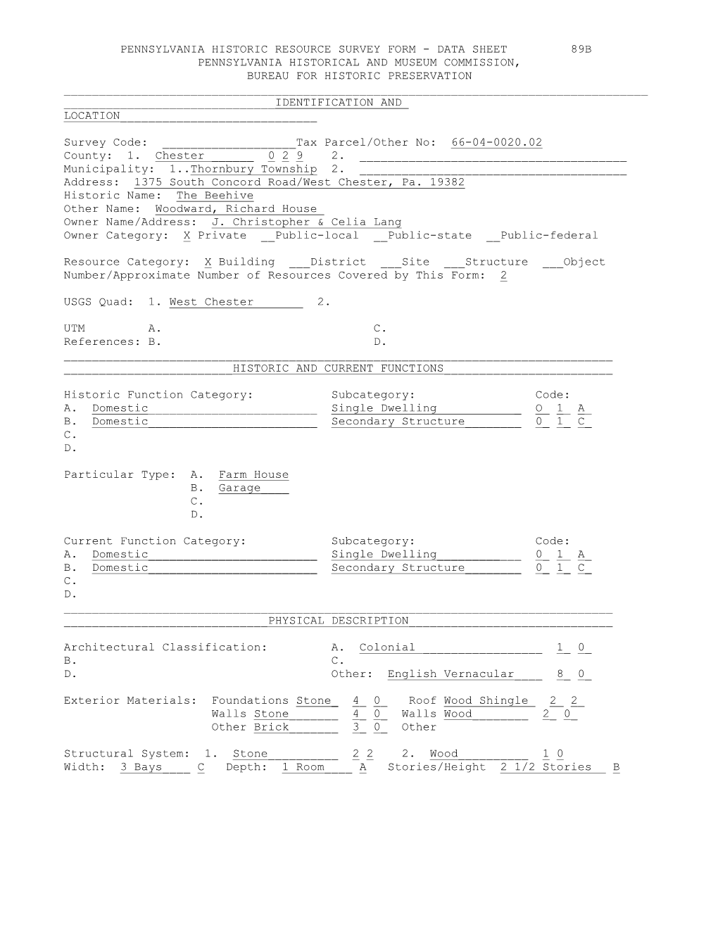 Pennsylvania Historic Resource Survey Form