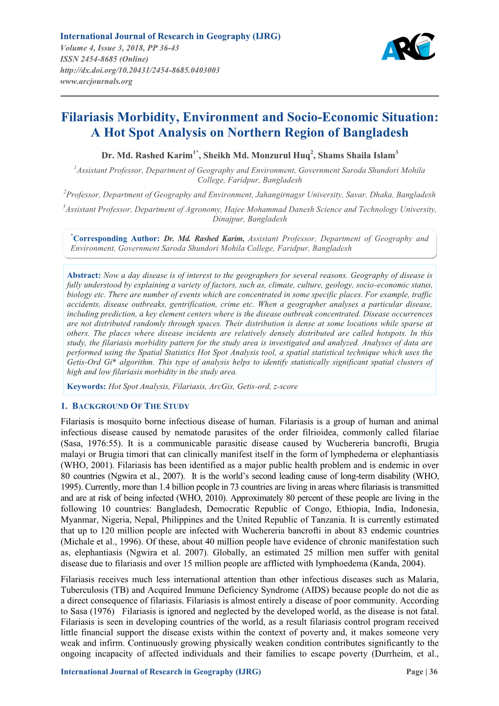 Filariasis Morbidity, Environment and Socio-Economic Situation: a Hot Spot Analysis on Northern Region of Bangladesh