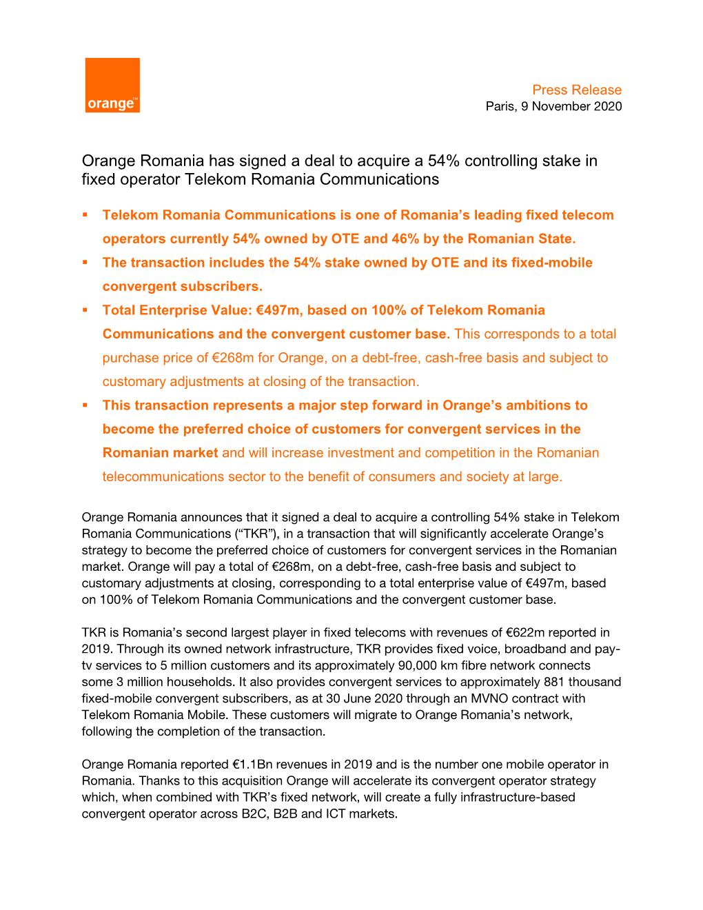 Orange Romania Has Signed a Deal to Acquire a 54% Controlling Stake in Fixed Operator Telekom Romania Communications