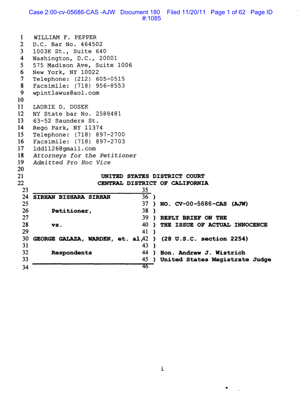 Case 2:00-Cv-05686-CAS -AJW Document 180 Filed 11/20/11 Page 1 of 62 Page ID #:1085