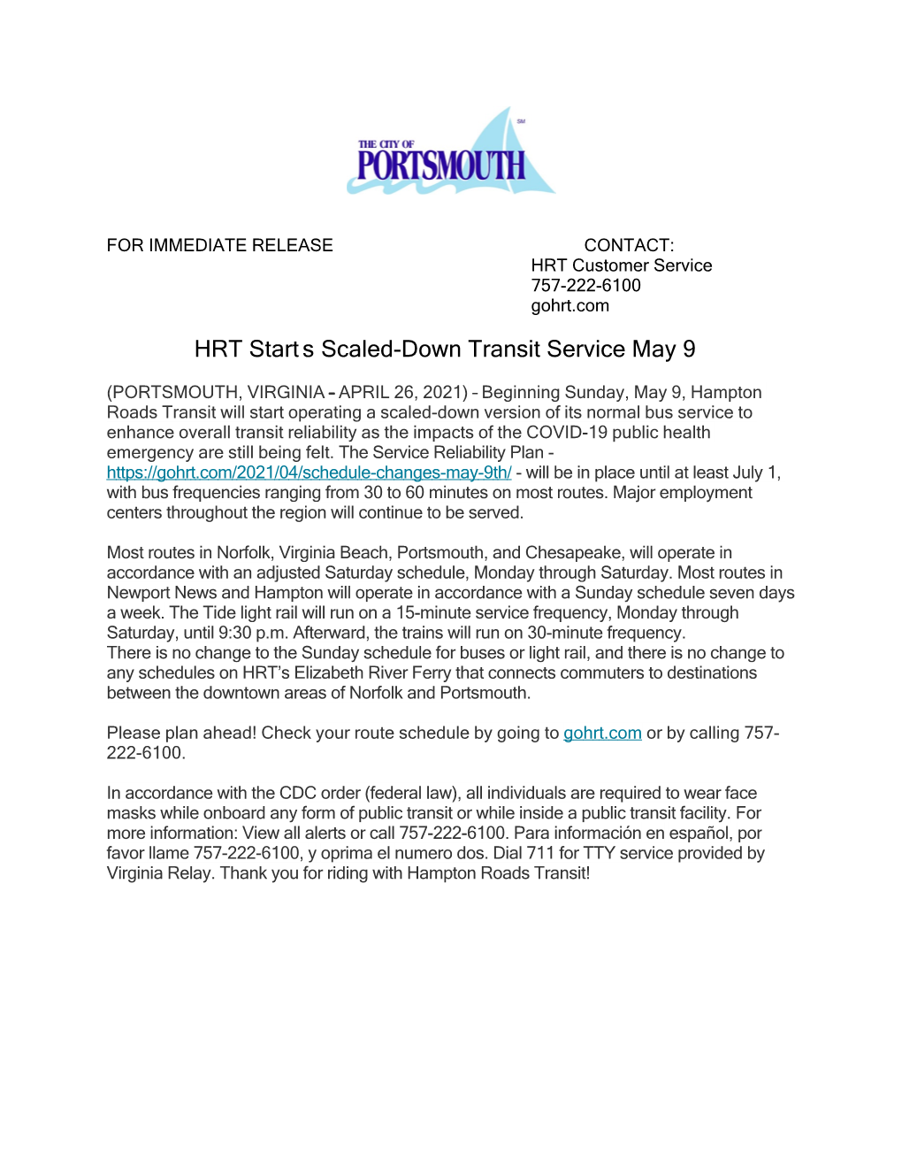 HRT Start S Scaled-Down Transit Service May 9