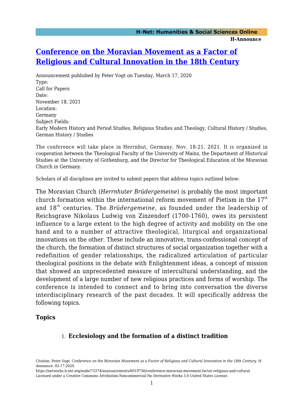 Conference on the Moravian Movement As a Factor of Religious and Cultural Innovation in the 18Th Century