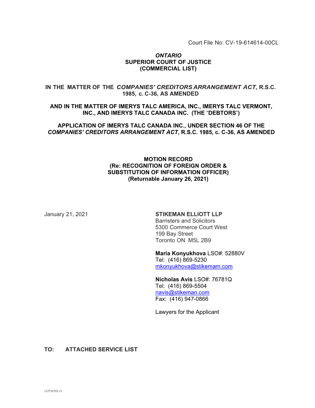 Cv-19-614614-00Cl Ontario Superior Court of Justice (Commercial List)