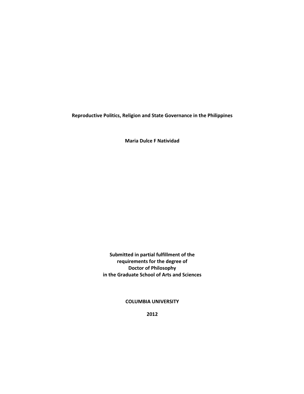 Reproductive Politics, Religion and State Governance in the Philippines