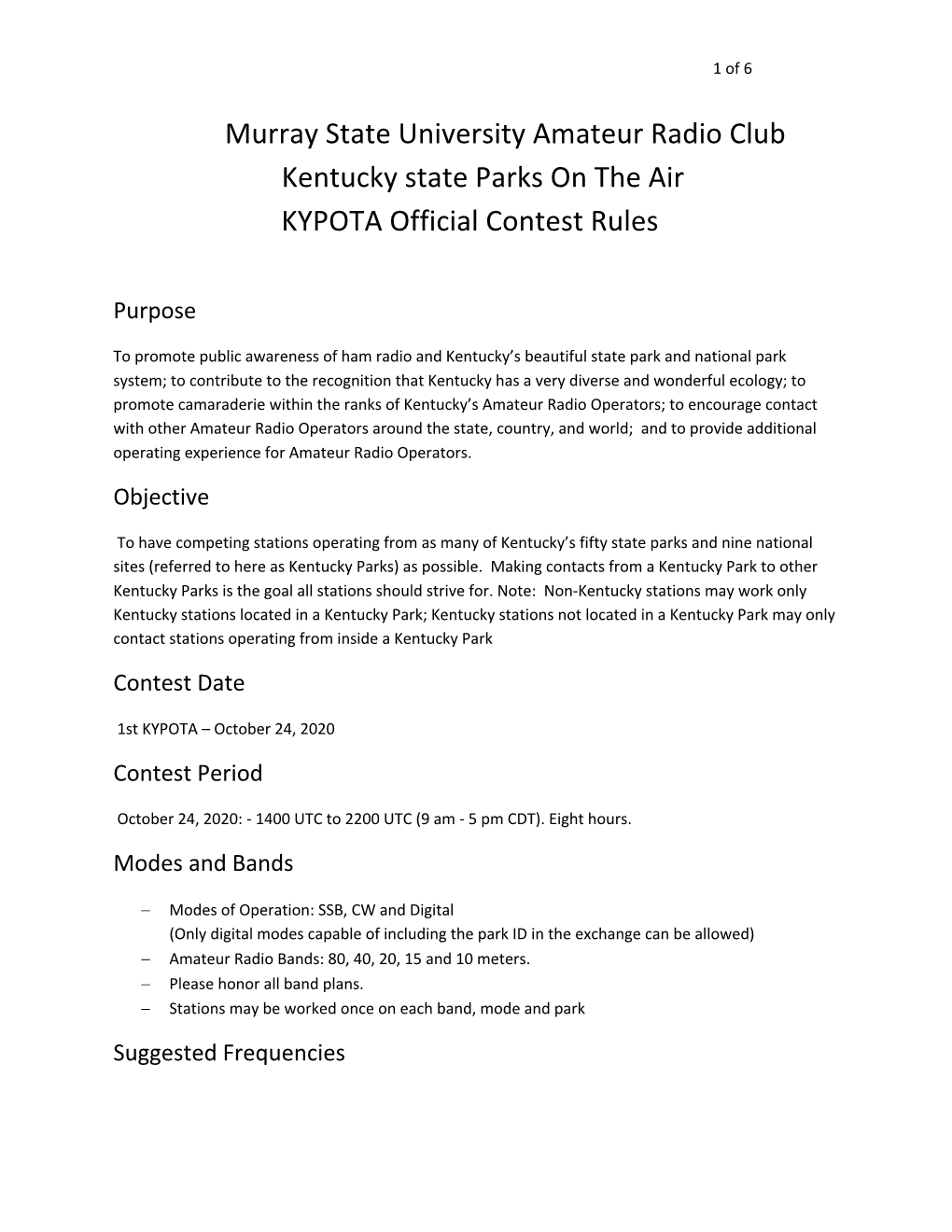 Murray State University Amateur Radio Club Kentucky State Parks on the Air KYPOTA Official Contest Rules