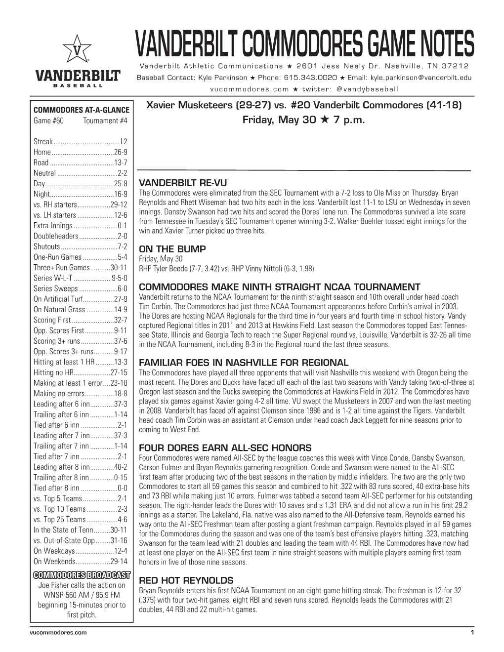 VANDERBILT COMMODORES GAME NOTES Vanderbilt Athletic Communications H 2601 Jess Neely Dr