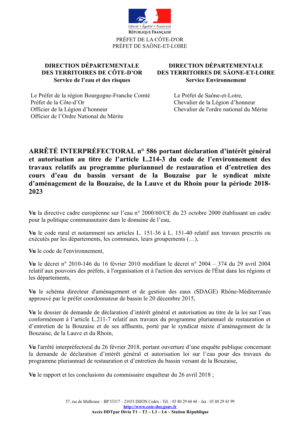 Arrete Interprefectoral 586 Du 3 Juillet 2018 Portant Autorisation Et DIG