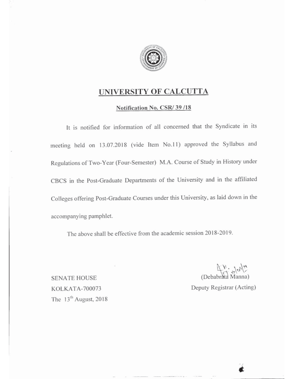 Department of History University of Calcutta 1, Reformatory Street Alipore Campus Calcutta ± 700027