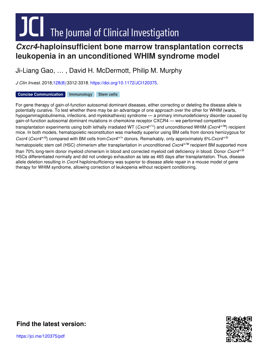 Cxcr4-Haploinsufficient Bone Marrow Transplantation Corrects Leukopenia in an Unconditioned WHIM Syndrome Model