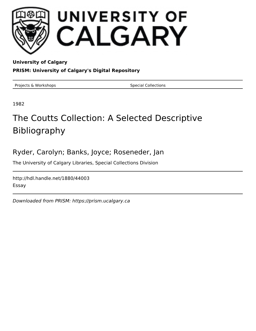 The Coutts Collection: a Selected Descriptive Bibliography