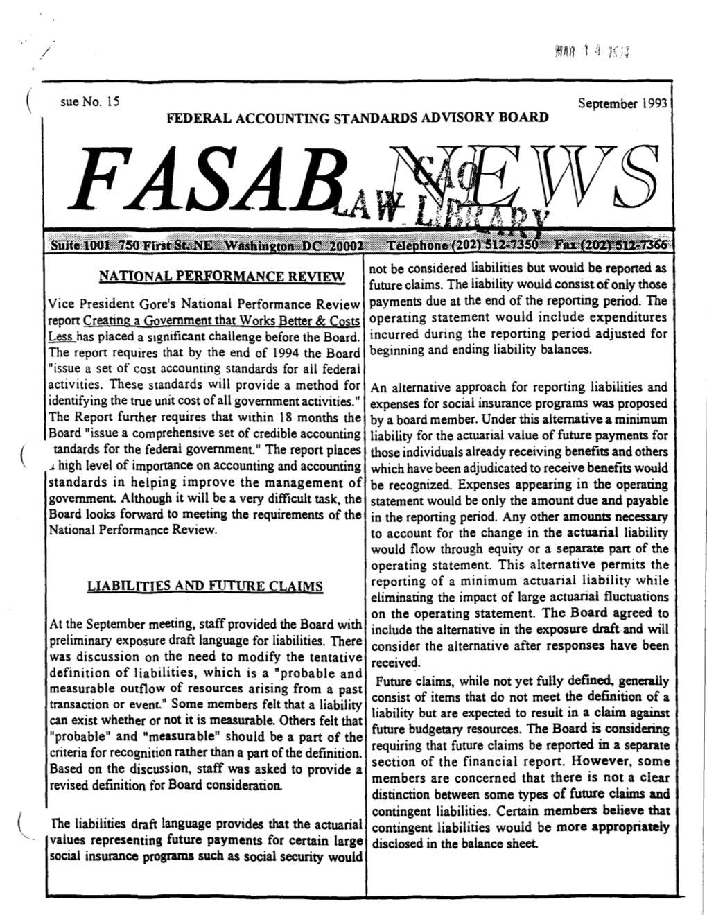 Sue No. 15 September 1993 FEDERAL ACCOUNTING STANDARDS ADVISORY BOARD FASA