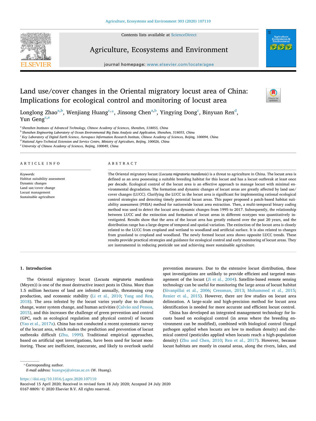 Land Use/Cover Changes in the Oriental Migratory Locust Area of China Implications for Ecological Control and Monitoring Of