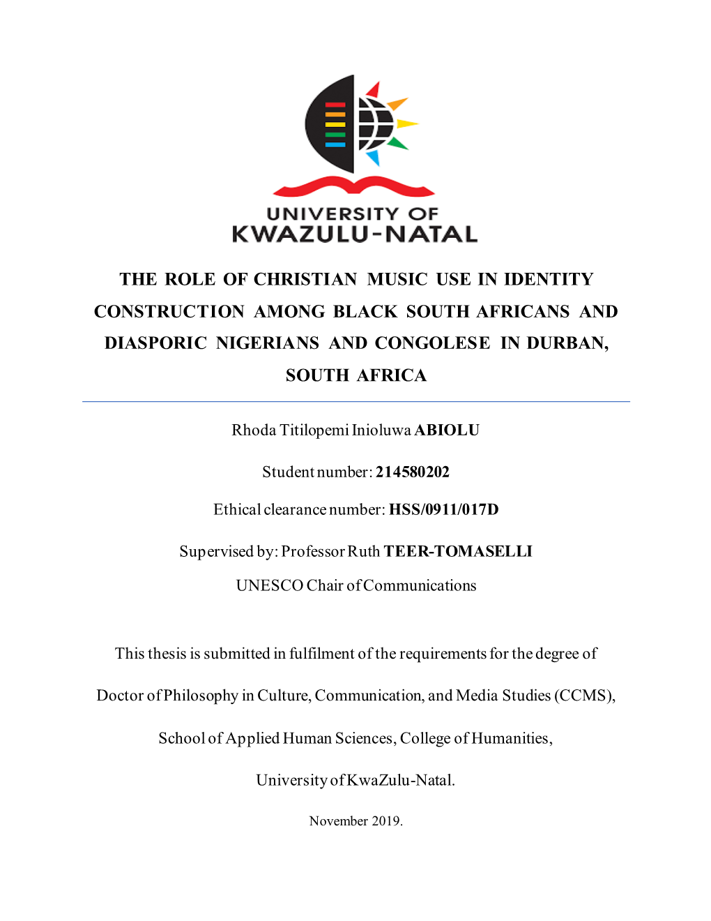 The Role of Christian Music Use in Identity Construction Among Black South Africans and Diasporic Nigerians and Congolese in Durban, South Africa