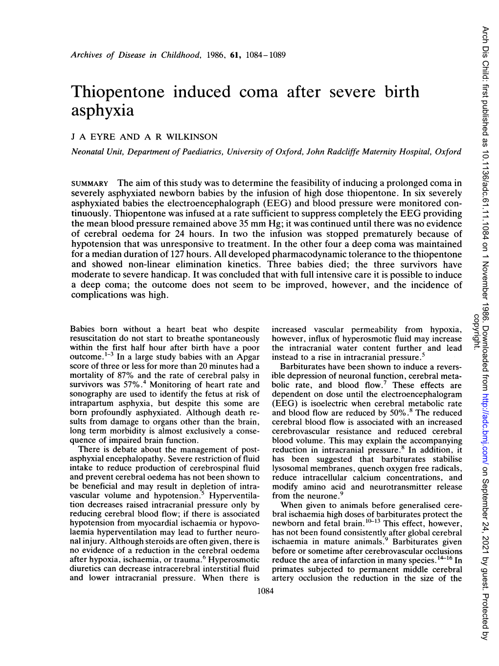 Thiopentone Induced Coma After Severe Birth Asphyxia