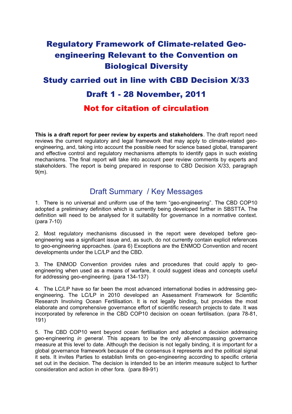 Regulatory Framework of Climate-Related Geo-Engineering Relevant to the Convention on Biological