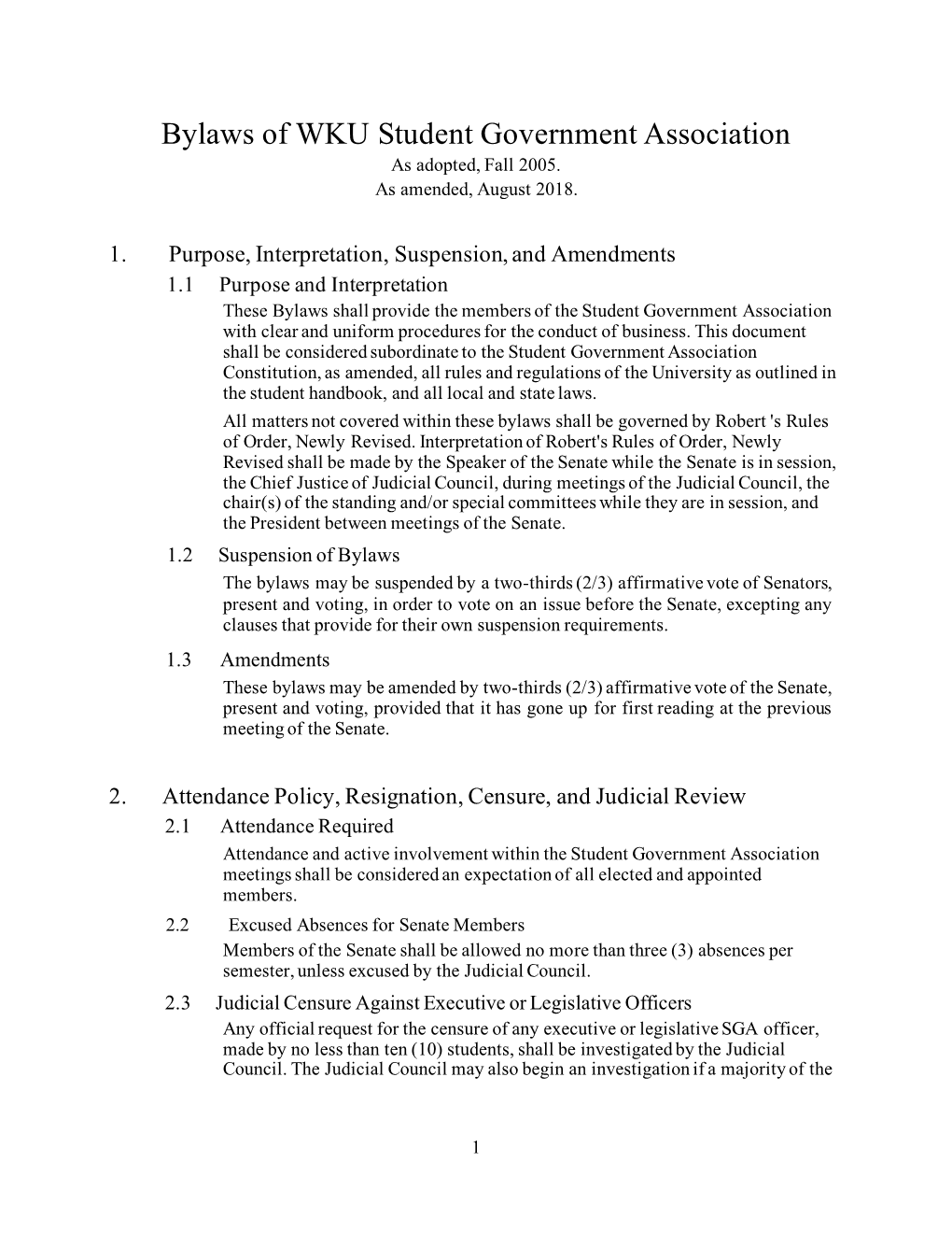 Bylaws of WKU Student Government Association As Adopted, Fall 2005