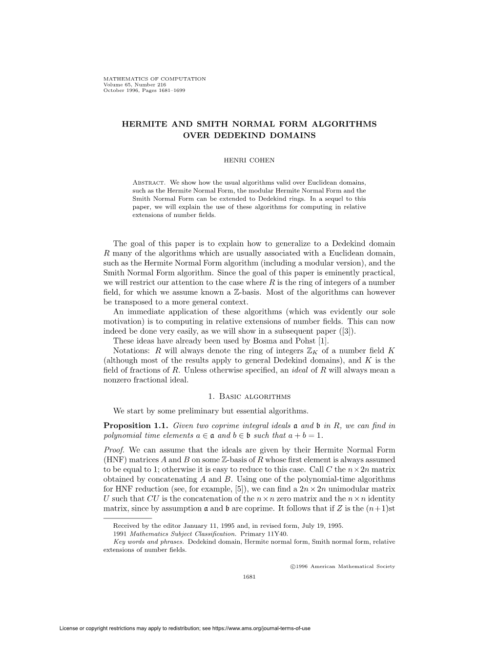 Hermite and Smith Normal Form Algorithms Over Dedekind Domains