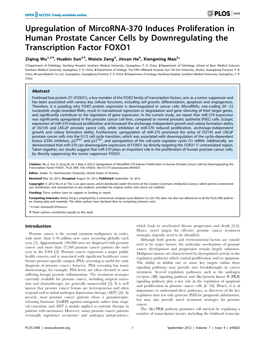 Upregulation of Mircorna-370 Induces Proliferation in Human Prostate Cancer Cells by Downregulating the Transcription Factor FOXO1