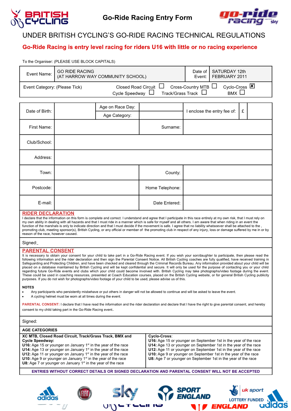 Bcf Entry Form for Road and Circuit Races