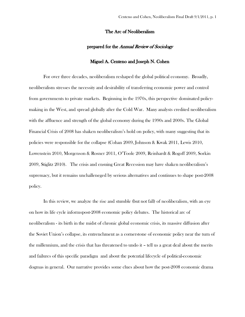 Centeno and Cohen, Neoliberalism Final Draft 9/1/2011, P. 1