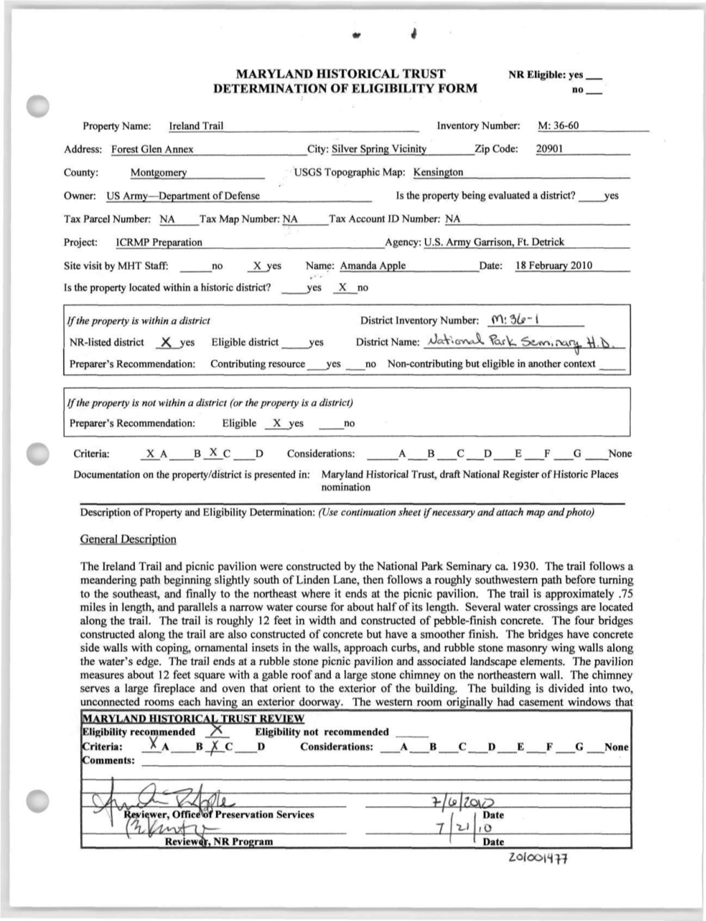 Zoloohh MARYLAND HISTORICAL TRUST NR-ELIGIBILITY REVIEW FORM Continuation Sheet No