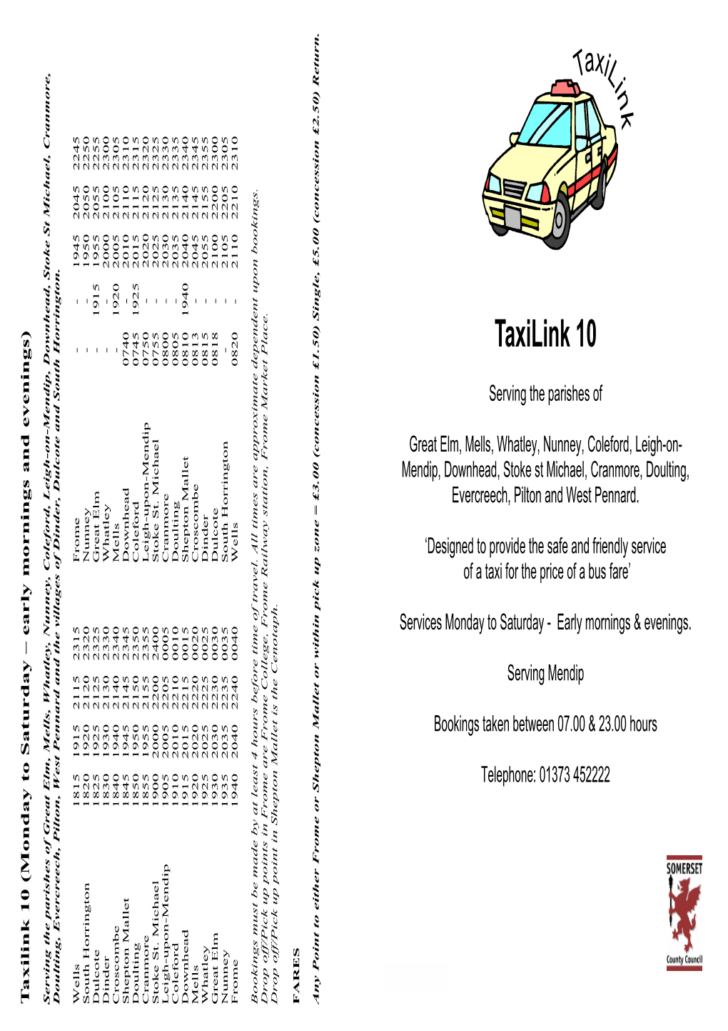 Taxilink 10 Great Elm Mells Whatley Nunney Coleford Etc.Pub