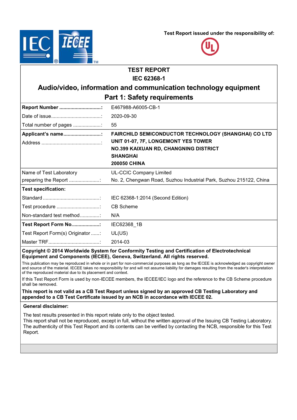 Audio/Video, Information and Communication Technology Equipment Part 1: Safety Requirements Report Number