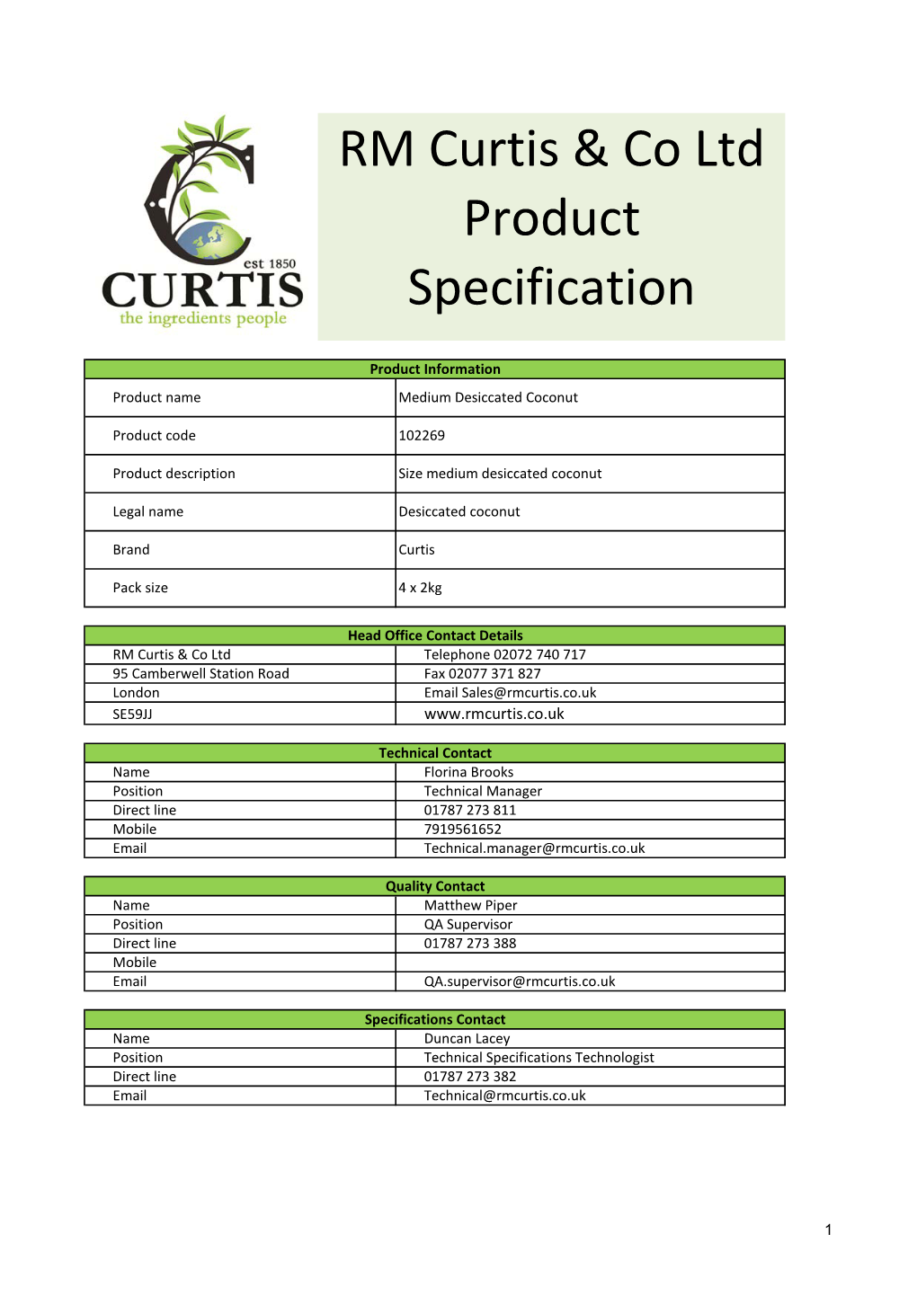 RM Curtis & Co Ltd Product Specification