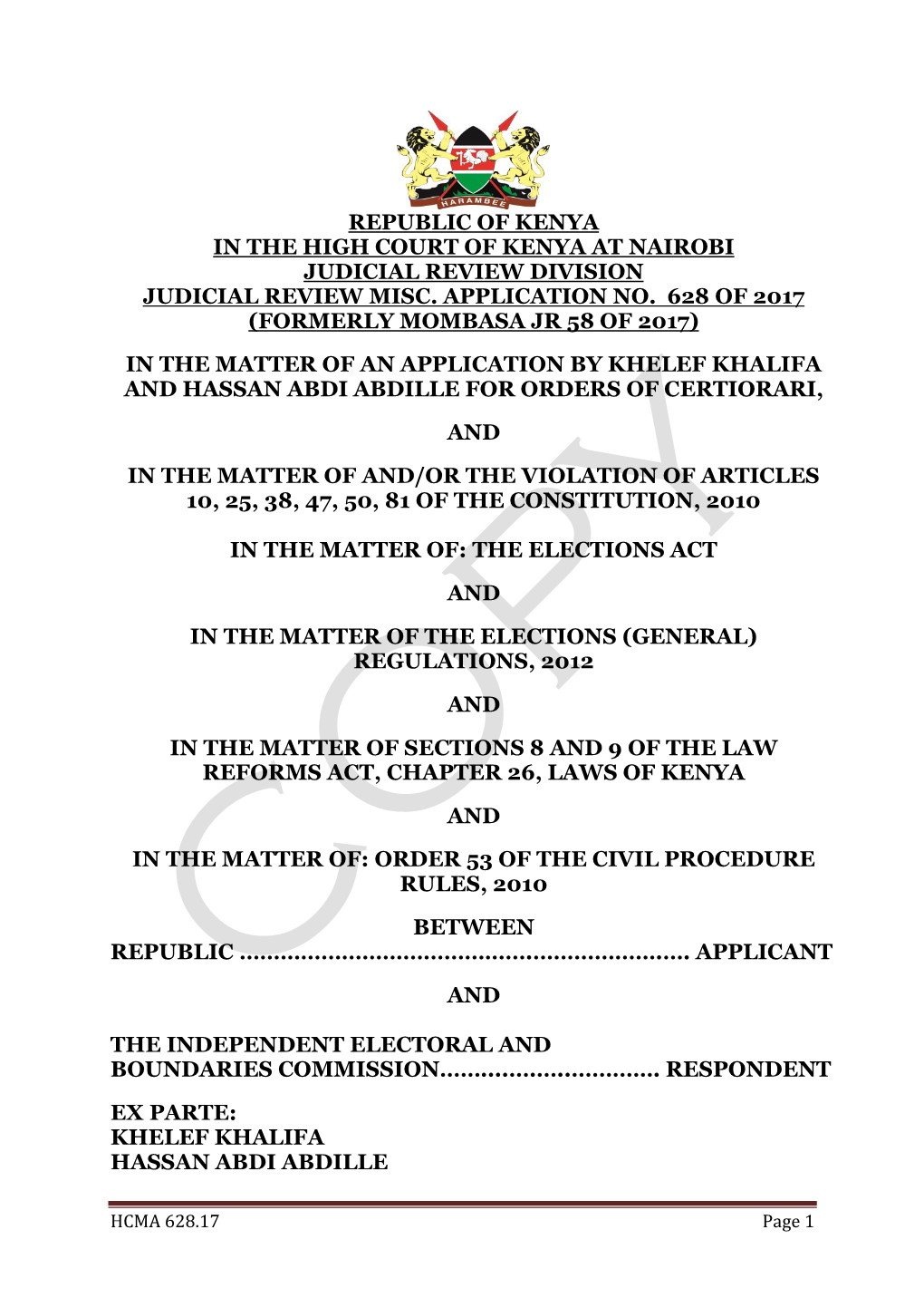 Republic of Kenya in the High Court of Kenya at Nairobi Judicial Review Division Judicial Review Misc