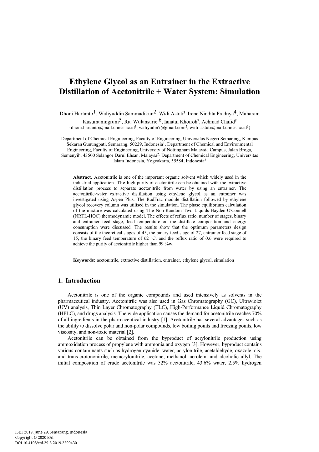 Ethylene Glycol As an Entrainer in the Extractive Distillation of Acetonitrile + Water System: Simulation