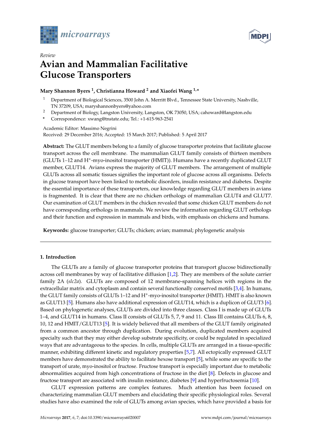 Avian and Mammalian Facilitative Glucose Transporters