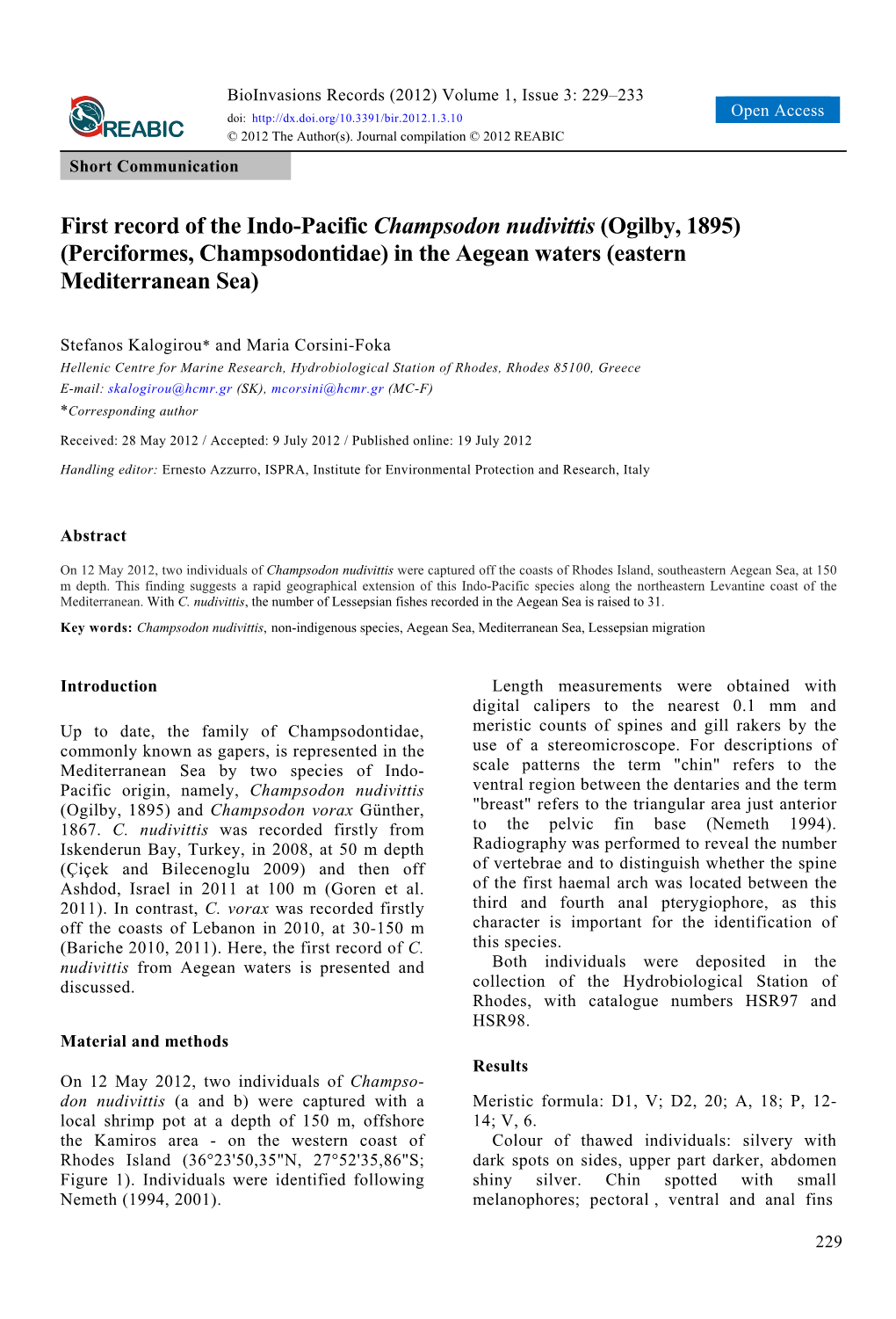 First Record of the Indo-Pacific Champsodon Nudivittis (Ogilby, 1895) (Perciformes, Champsodontidae) in the Aegean Waters (Eastern Mediterranean Sea)