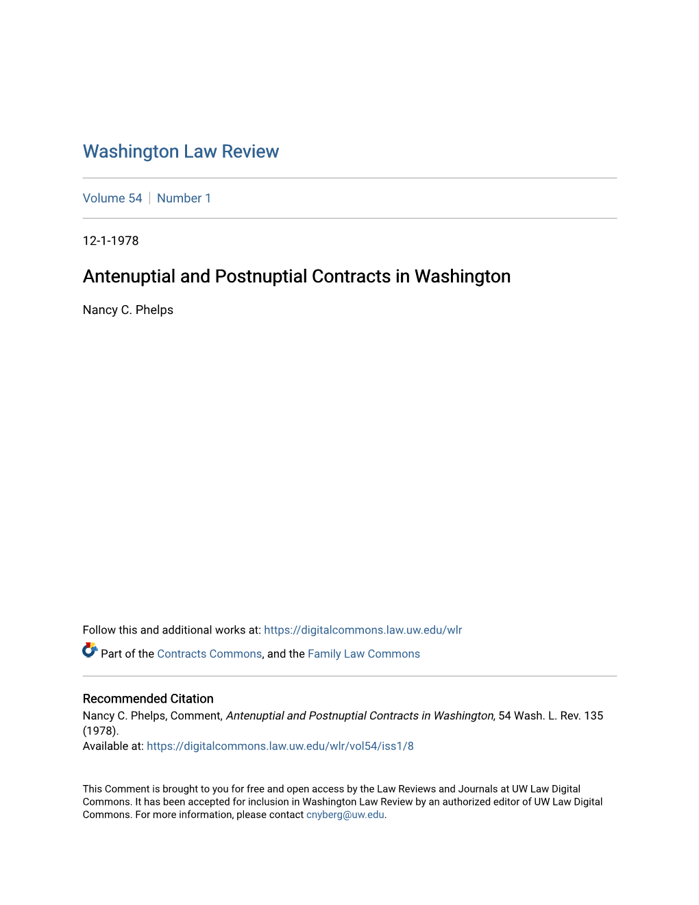 Antenuptial and Postnuptial Contracts in Washington
