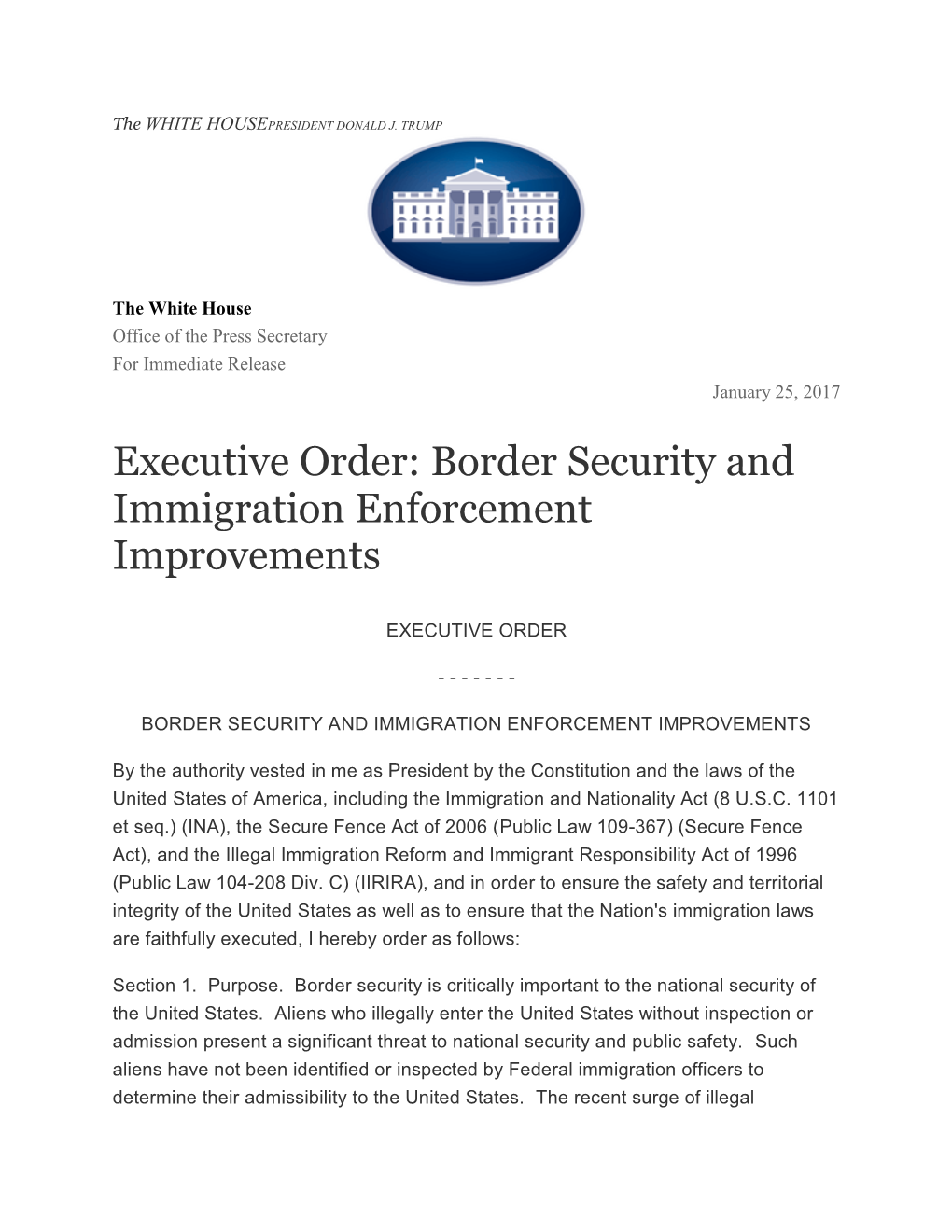 Executive Order: Border Security and Immigration Enforcement Improvements
