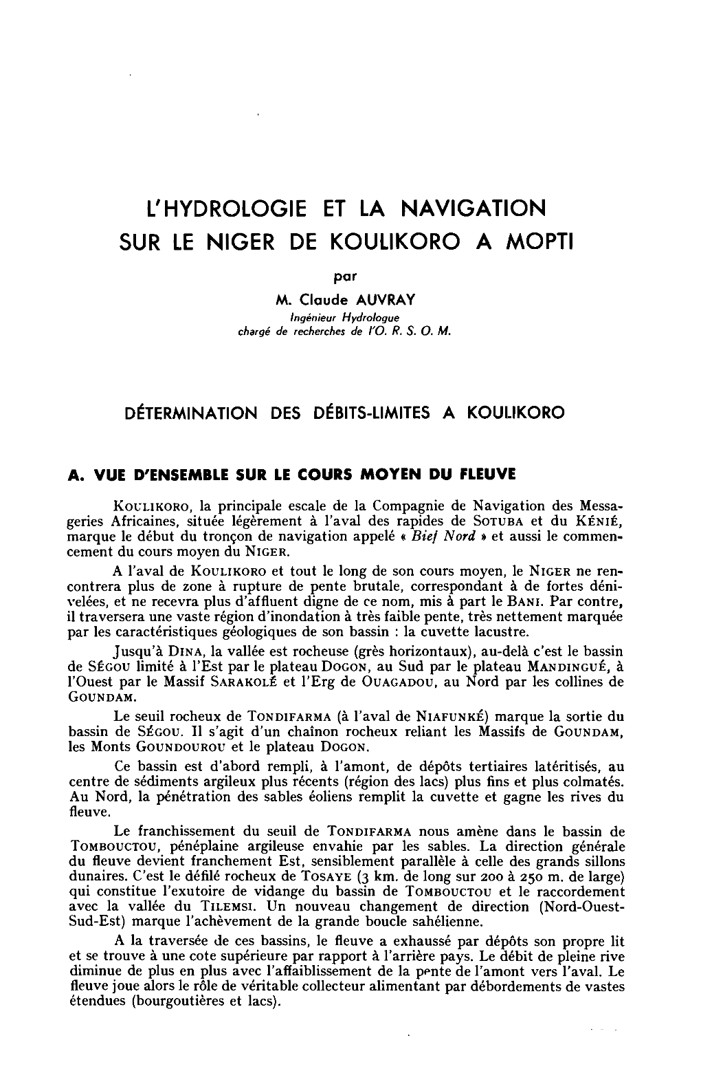 L'hydrologie Et La Navigation Sur Le Niger De Koulikoro À Mopti