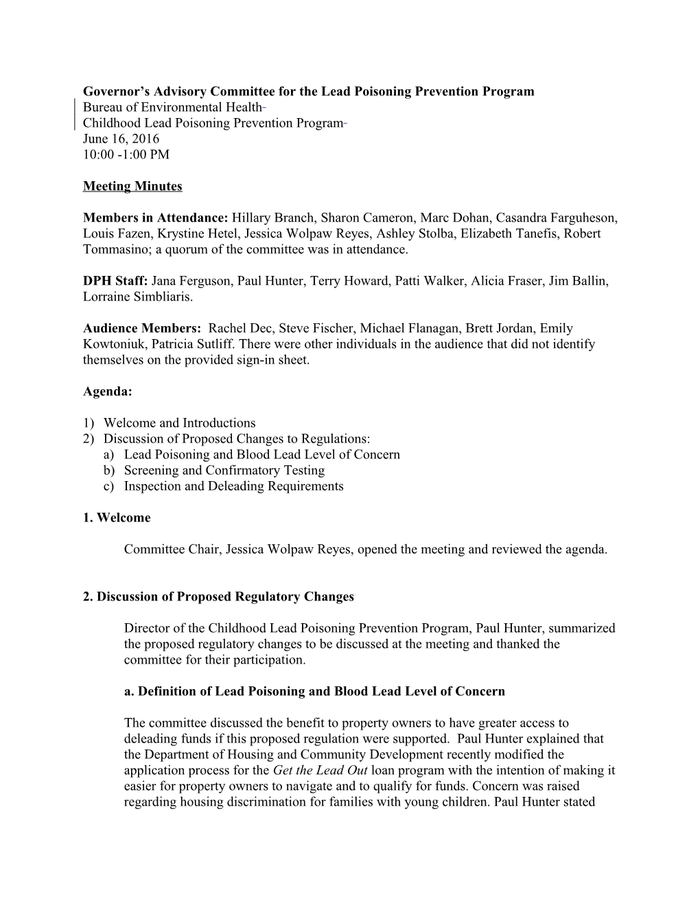 Governor S Advisory Committee for the Lead Poisoning Prevention Program Meeting Minutes