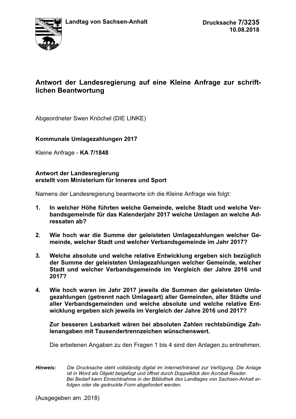 Antwort Der Landesregierung Auf Eine Kleine Anfrage Zur Schrift- Lichen Beantwortung