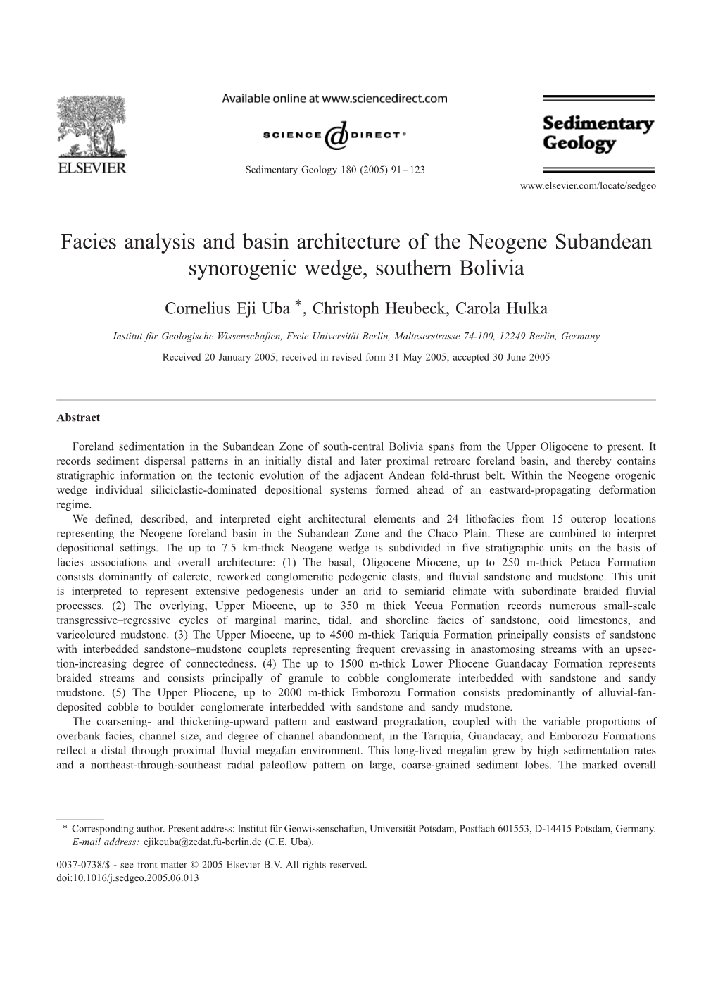 Facies Analysis and Basin Architecture of the Neogene Subandean Synorogenic Wedge, Southern Bolivia