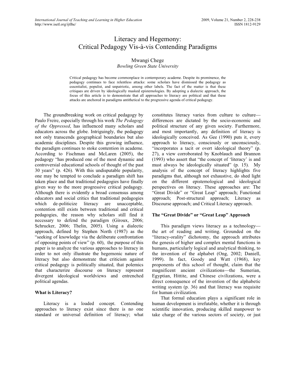 Literacy and Hegemony: Critical Pedagogy Vis-À-Vis Contending Paradigms