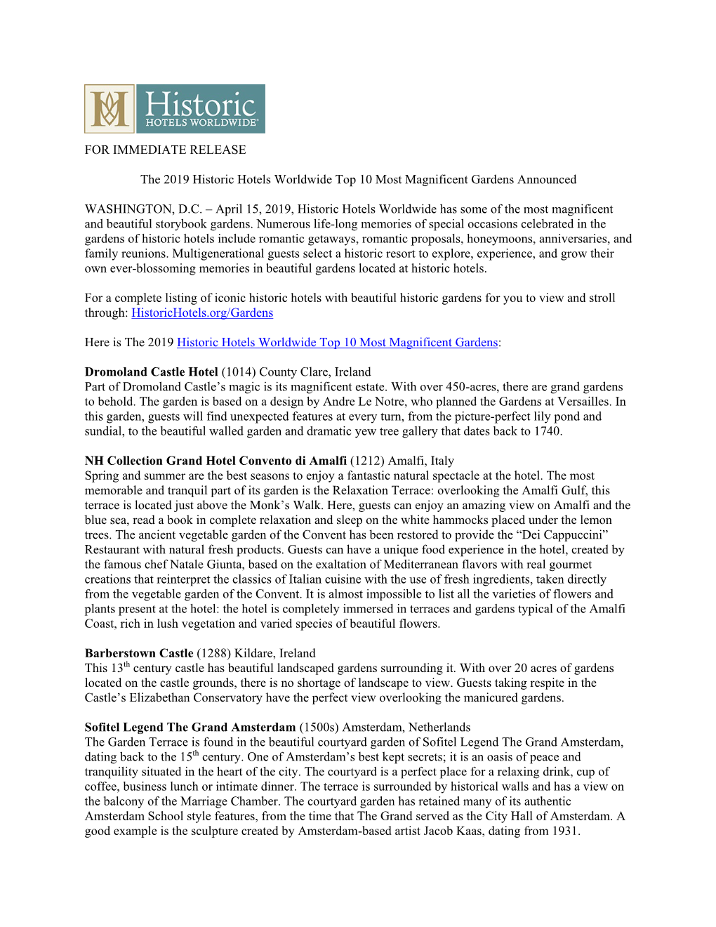 FOR IMMEDIATE RELEASE the 2019 Historic Hotels Worldwide Top 10