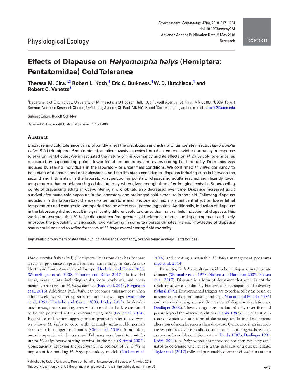 Effects of Diapause on Halyomorpha Halys (Hemiptera: Pentatomidae) Cold Tolerance