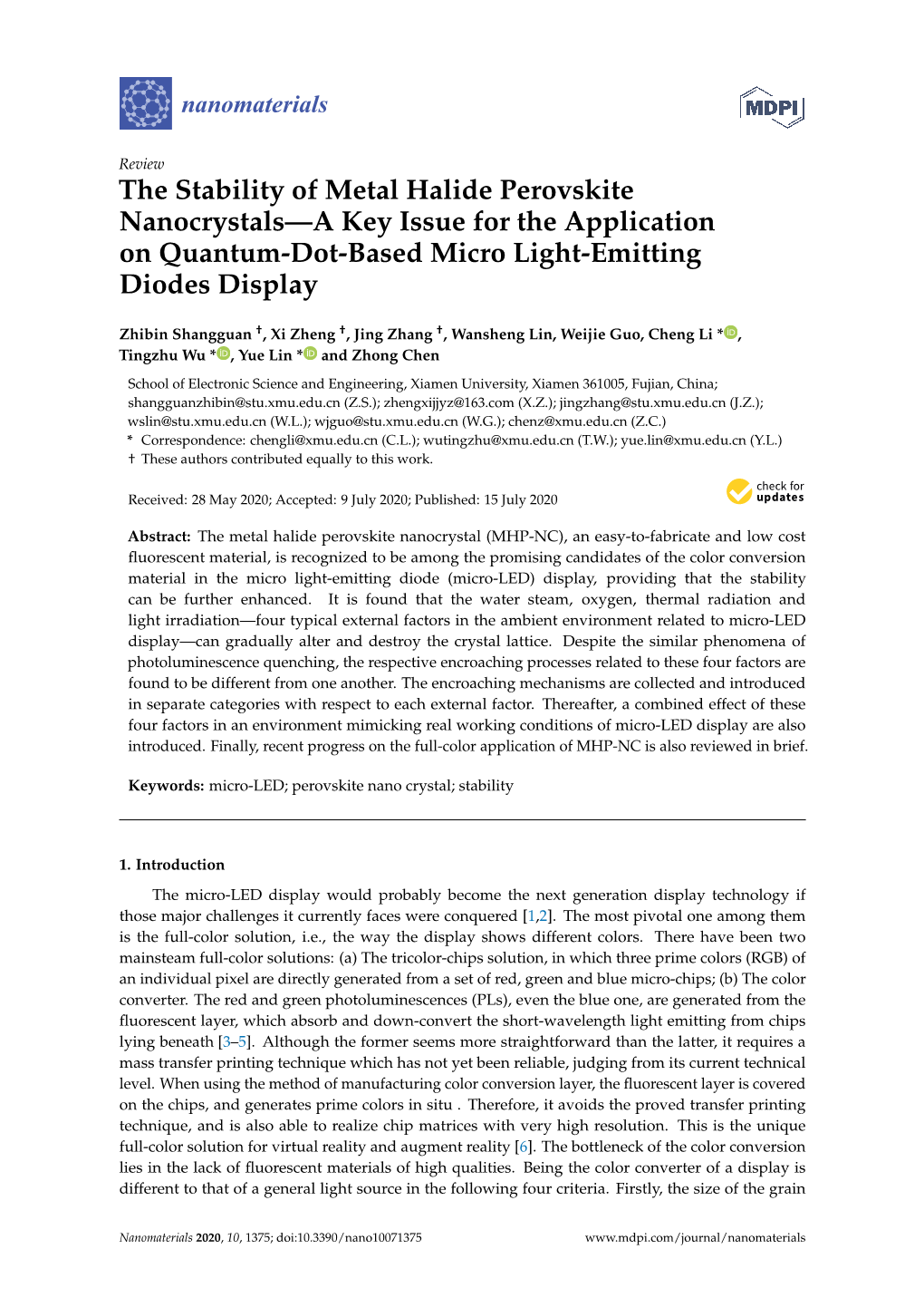 The Stability of Metal Halide Perovskite Nanocrystals—A Key Issue for the Application on Quantum-Dot-Based Micro Light-Emitting Diodes Display