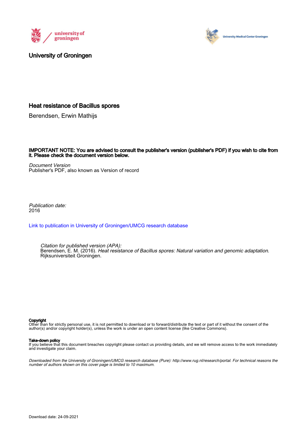 University of Groningen Heat Resistance of Bacillus Spores