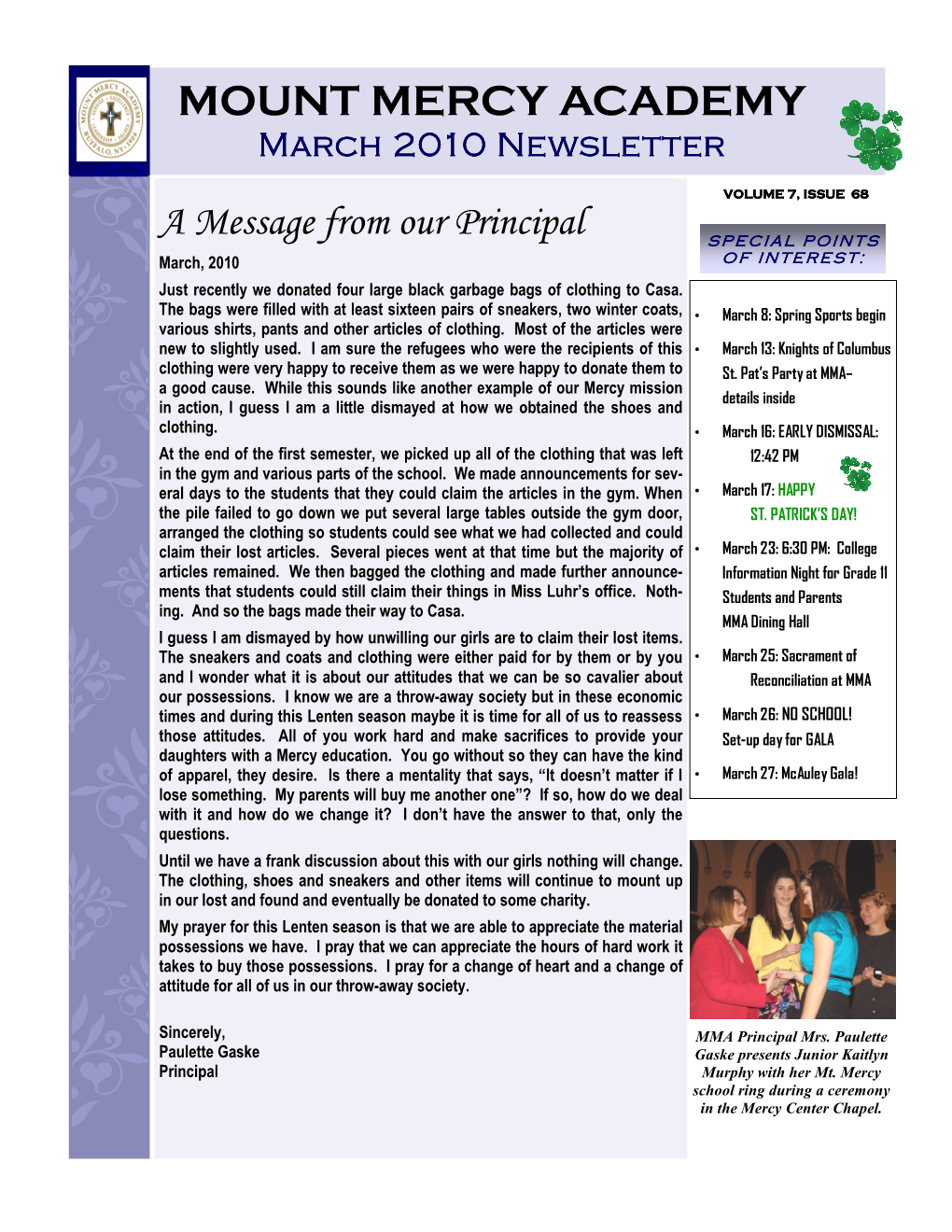 MOUNT MERCY ACADEMY March 2010 Newsletter