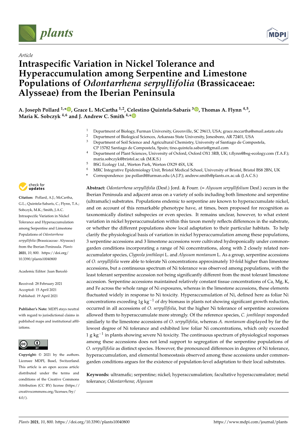 Intraspecific Variation in Nickel Tolerance and Hyperaccumulation