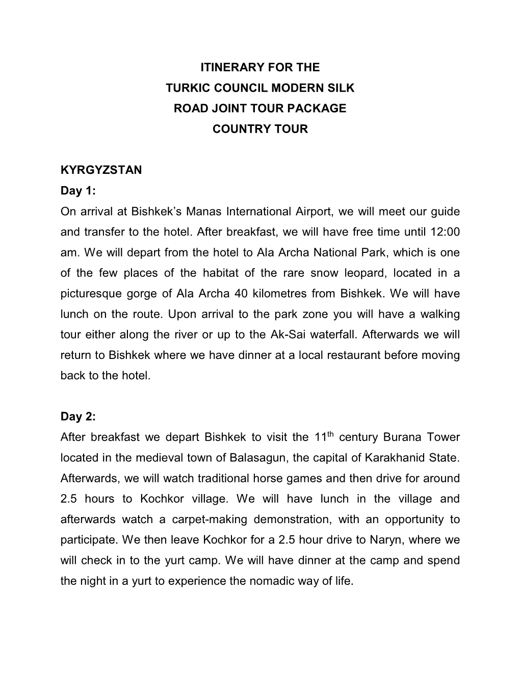 Itinerary for the Turkic Council Modern Silk Road Joint Tour Package Country Tour