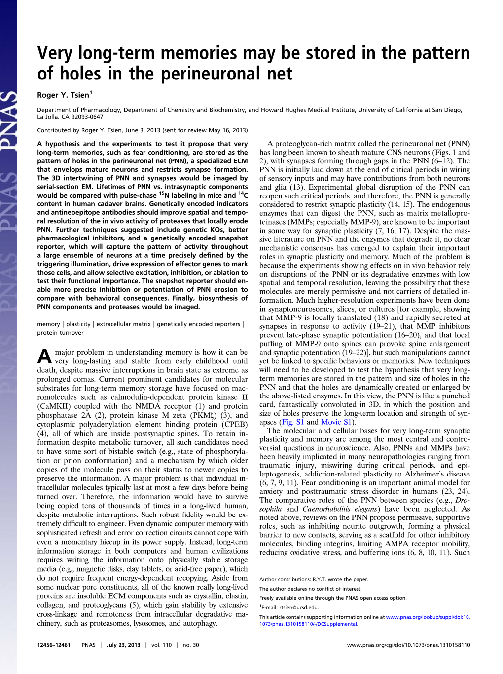 Very Long-Term Memories May Be Stored in the Pattern of Holes in the Perineuronal Net