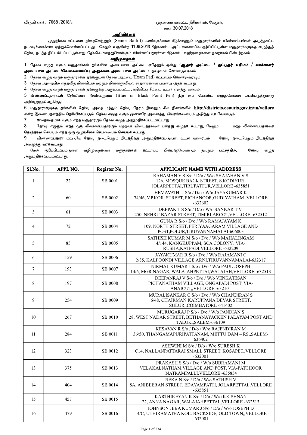 Sl.No. APPL NO. Register No. APPLICANT NAME WITH