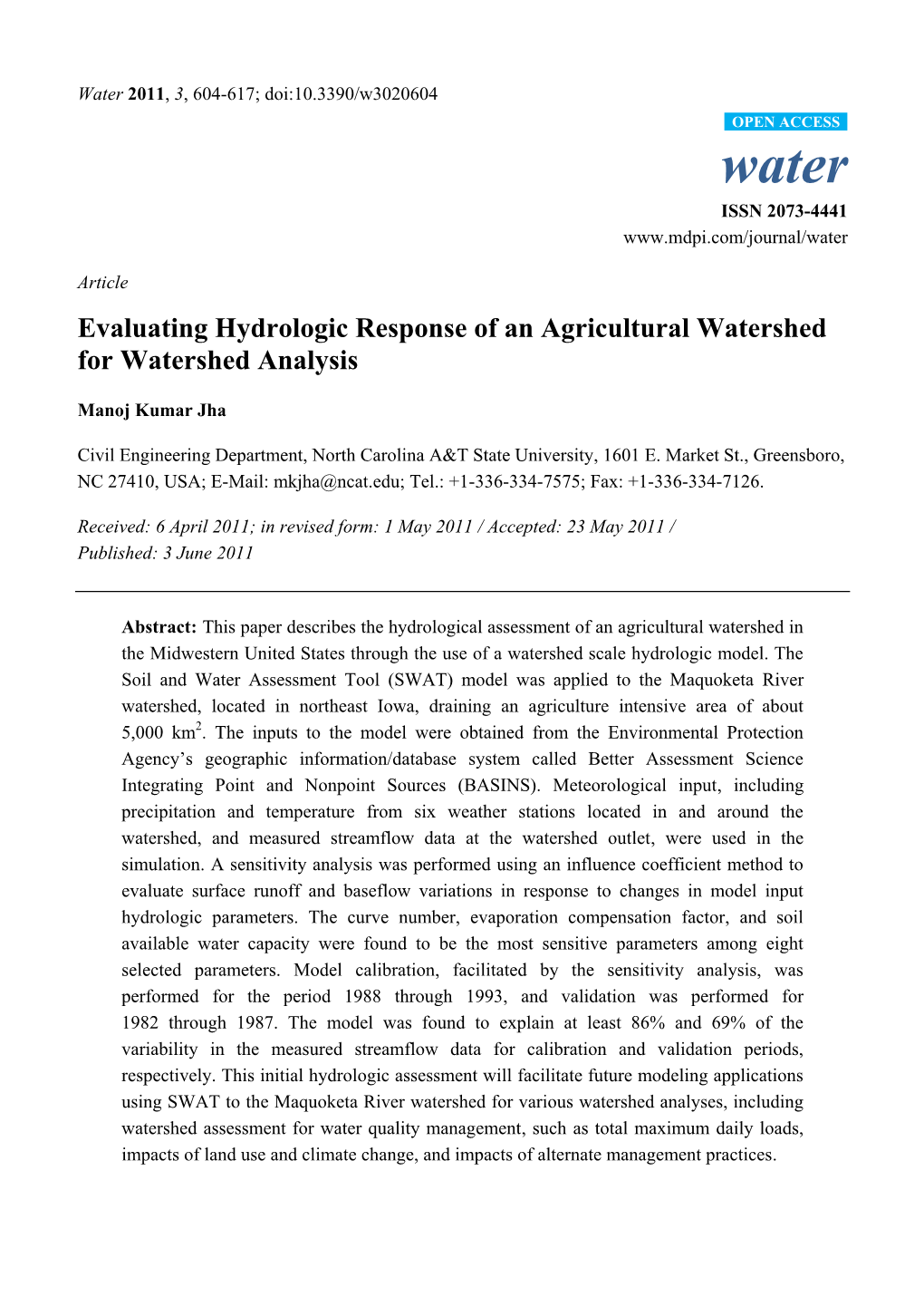 Water 2011, 3, 604-617; Doi:10.3390/W3020604 OPEN ACCESS Water ISSN 2073-4441